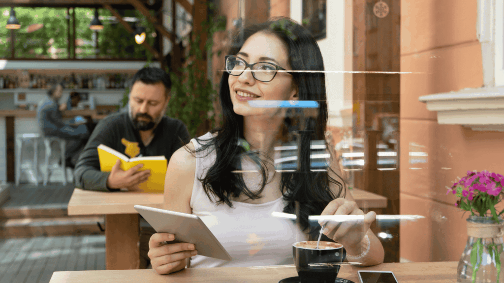 Woman enjoying technology & coffee at hotel