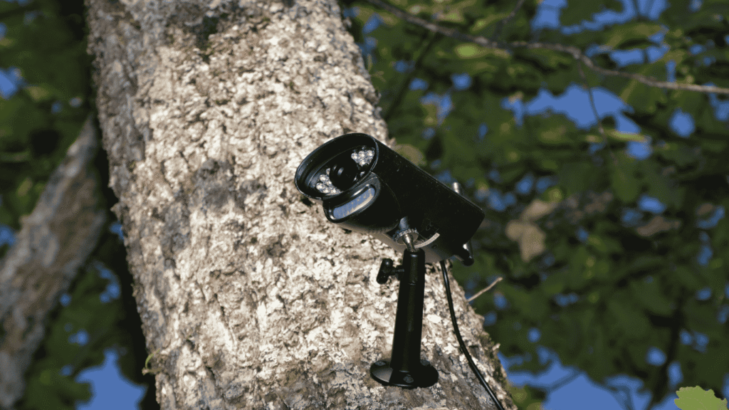 Security camera installed on tree surveilling campground