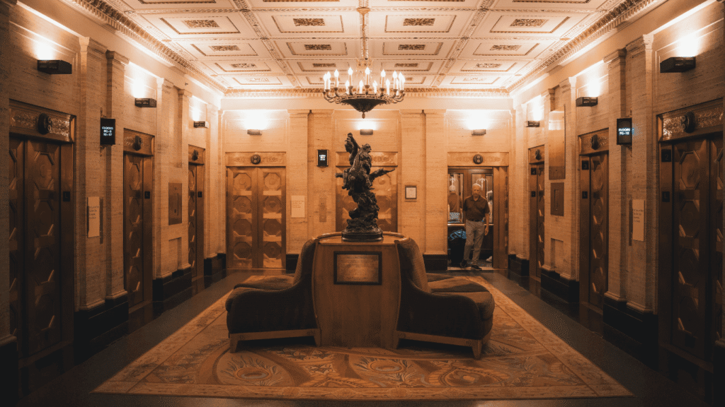 Hotel lobby and elevator that is being monitored