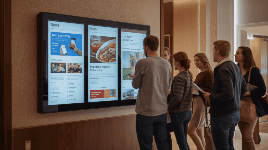 People in hotel lobby looking at digital signage for news & info about their stay