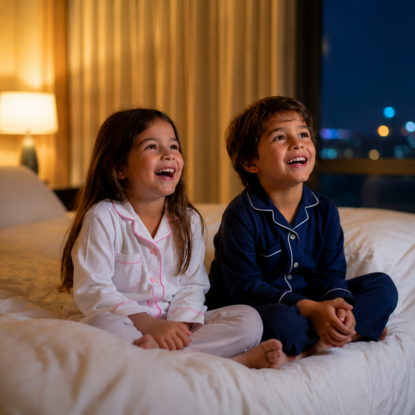 2 kids smiling watching TV on a hotel bed