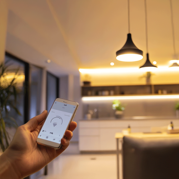Person controlling lighting with phone