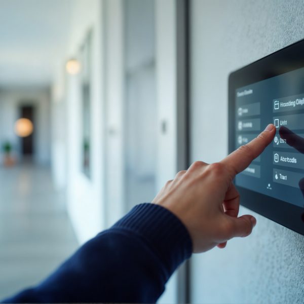 Businessman using smart home system touching digital screen panel