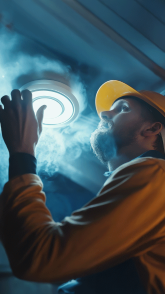 Technician testing smoke alarm