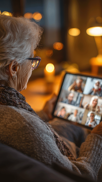 Senior woman looking at tablet with zoom meeting with friends on using wi-fi