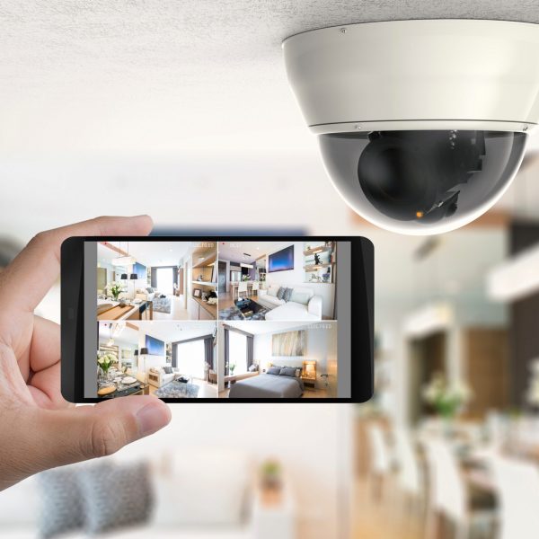 hand holding 3d rendering mobile connect with security camera