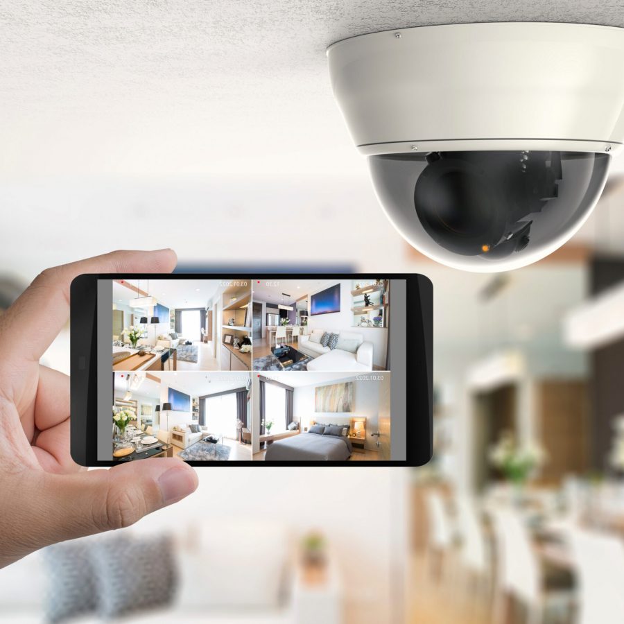 hand holding 3d rendering mobile connect with security camera