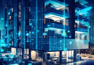Smart hotel management dashboard, modern hotel in a metropolis with Generative AI.