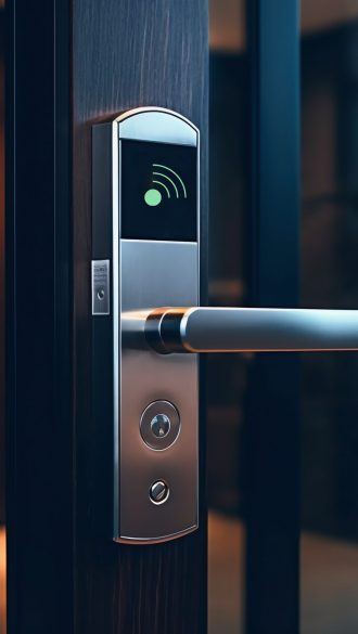 Smart Digital touch screen keypad access by entering pass code digits, Electronic digital door handles on wood door Hotel or apartment door, future modern safety security technology more safe secure. High quality photo