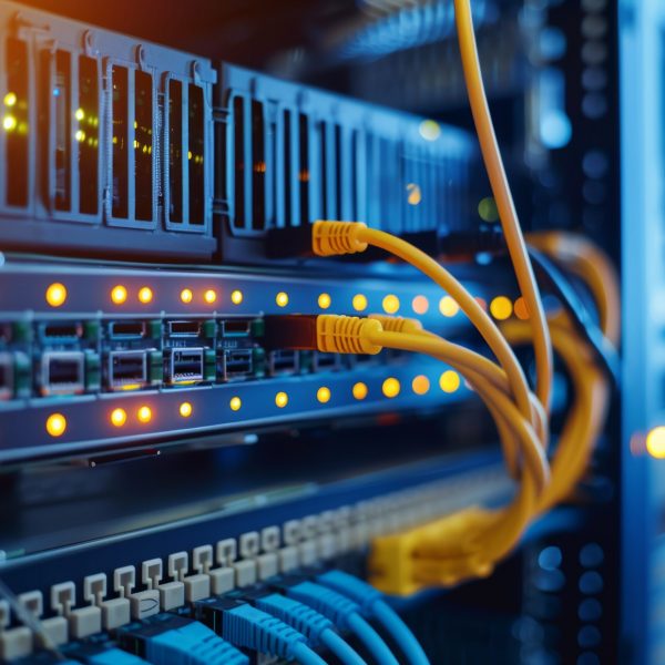 Close-up view of a server rack in a data center, showcasing neatly organized cables and connectors. the image emphasizes the essential physical infrastructure that facilitates efficient data exchange and network operations.