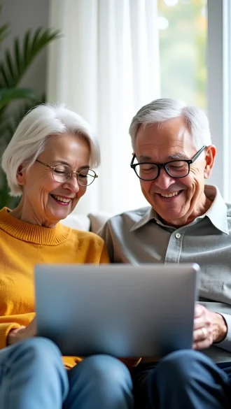 Modern seniors sharing a joyful moment using technology together on a couch