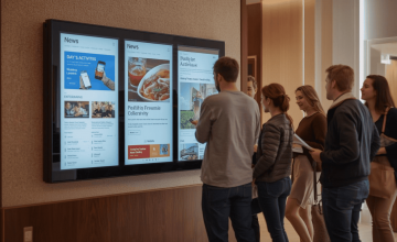 People in hotel lobby looking at digital signage for news & info about their stay
