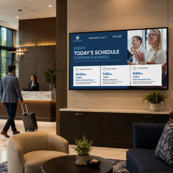 Digital signage on the wall of hotel lobby of meeting schedule