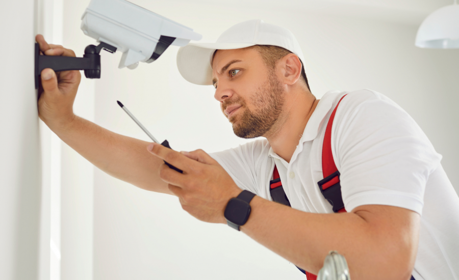 Tech Installing Hotel Surveillance Camera