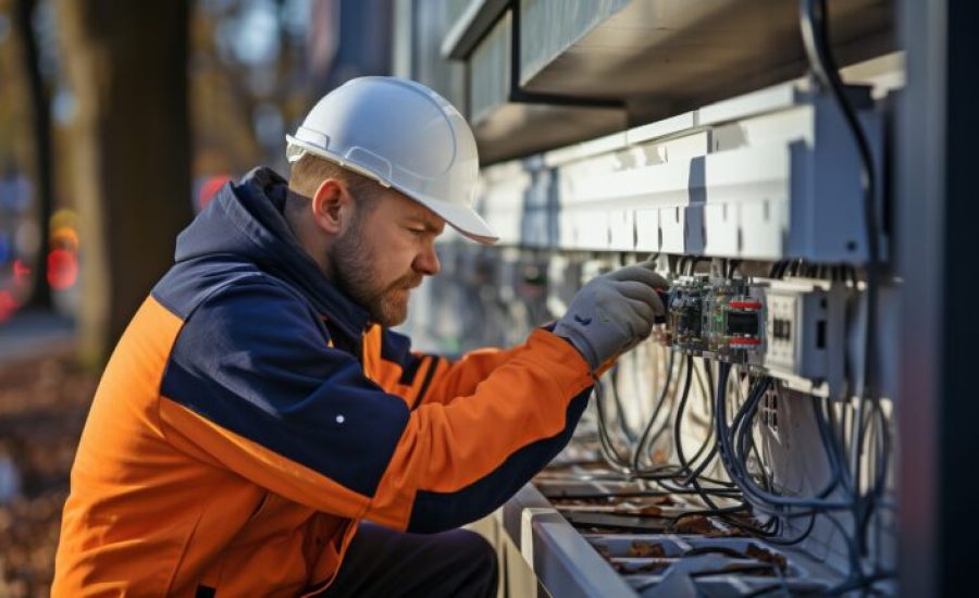 A technician is mounting a security camera on a wall.