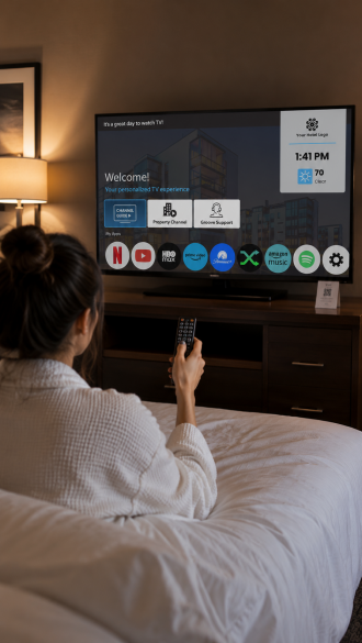 Woman watching TV in a hotel with a TotalVue home screen on TV 660x1170