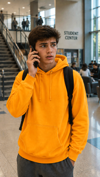 college-student-on-phone-looking-worried-in-orange-sweatshirt