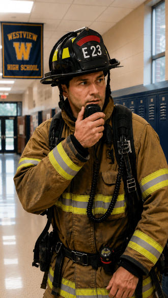 firefighter-in-a-school-hallway-on-a-2-way-radio