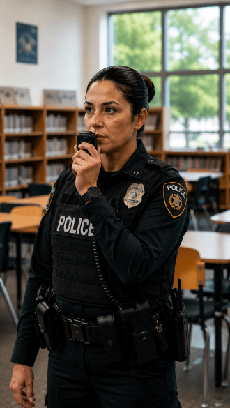 policewoman-in-library-on-radio